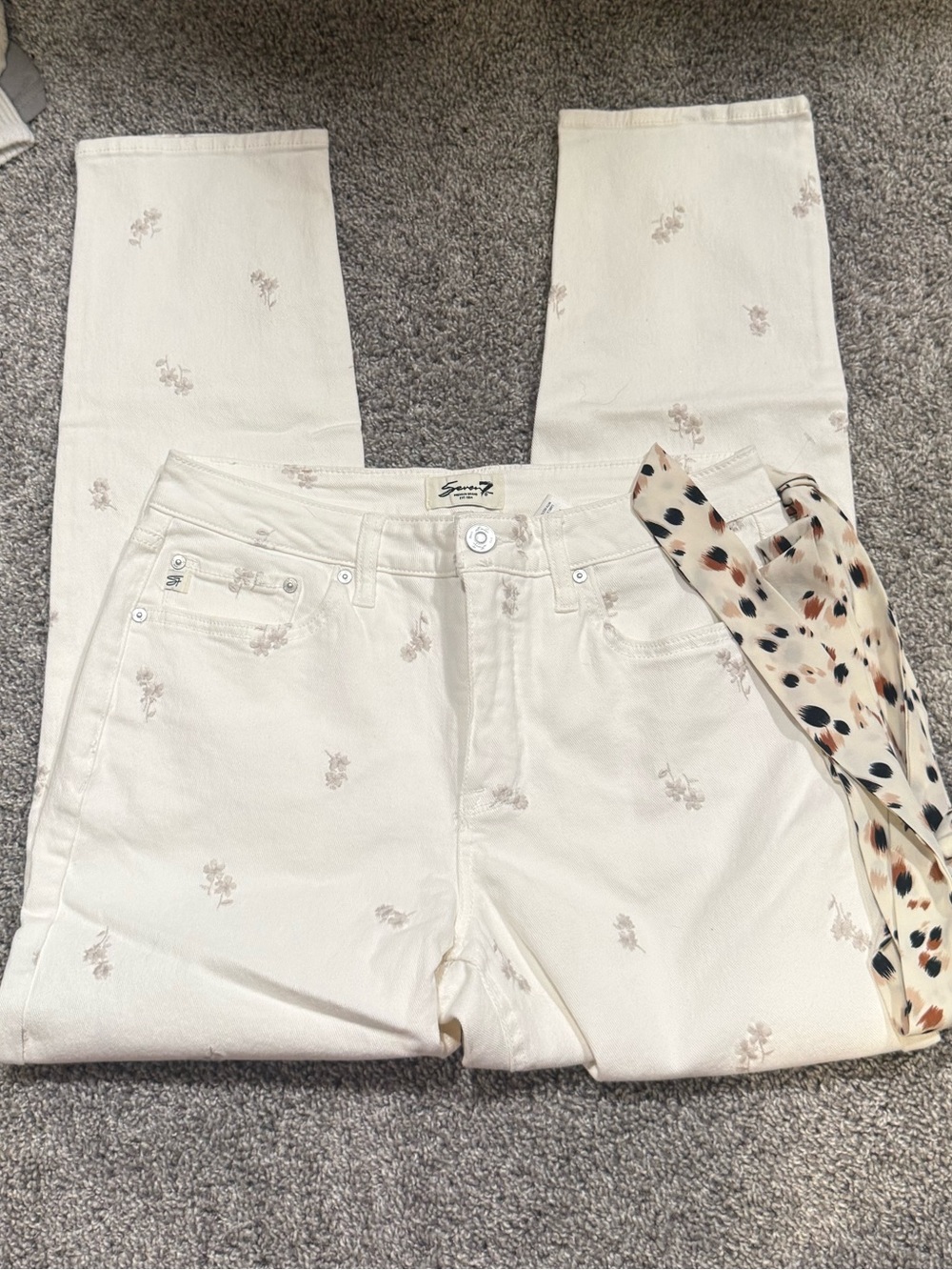 Seven7 Cream Straight Leg Jeans with Subtle Floral Embroidery